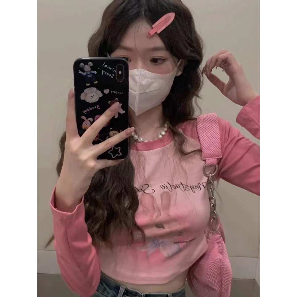 Nico##atasan pink/crop top/Kaos lengan panjang bagian dalam pendek untuk wanita/y2k tops