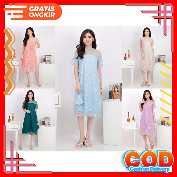 Dress Midi Brukat Lace Wanita Terbaru | Dress Pendek Style Korea | Casual Dress Tulle Elegant Mewah 