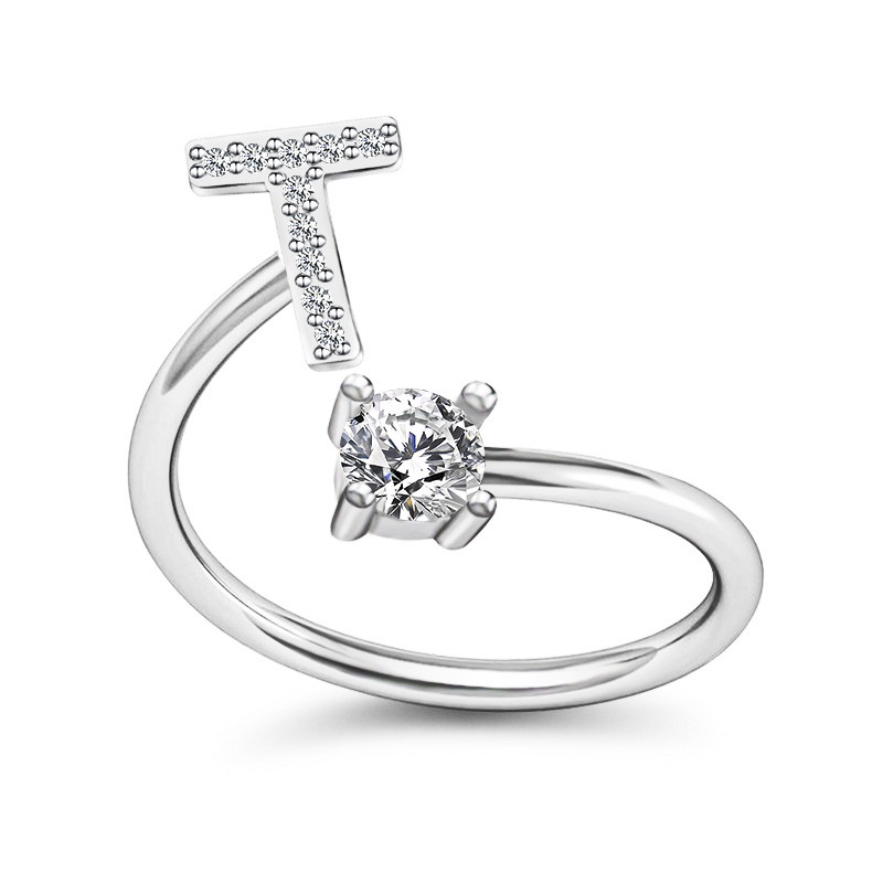 Korea Sederhana Surat Liar Berlian 26huruf Inggris Terbuka Adjustable Cincin Halo Perhiasan Gadis-T