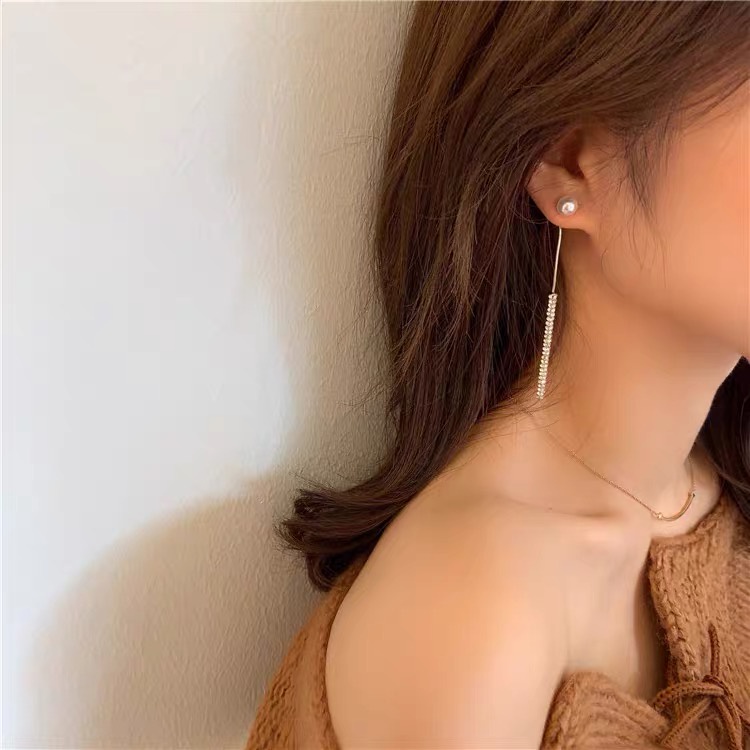 Anting Panjang Bahan 925 Silver Needle Aksen Mutiara Berlian Gaya Korea Untuk Wanita