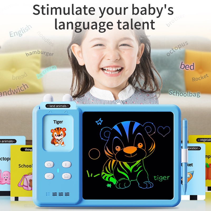 olla Card Early Education Bilingual Device dan LCD Writing Drawing Tablet 2 in 1 Mainan Belajar Anak Pengenalan Kosakata Bahasa Inggris