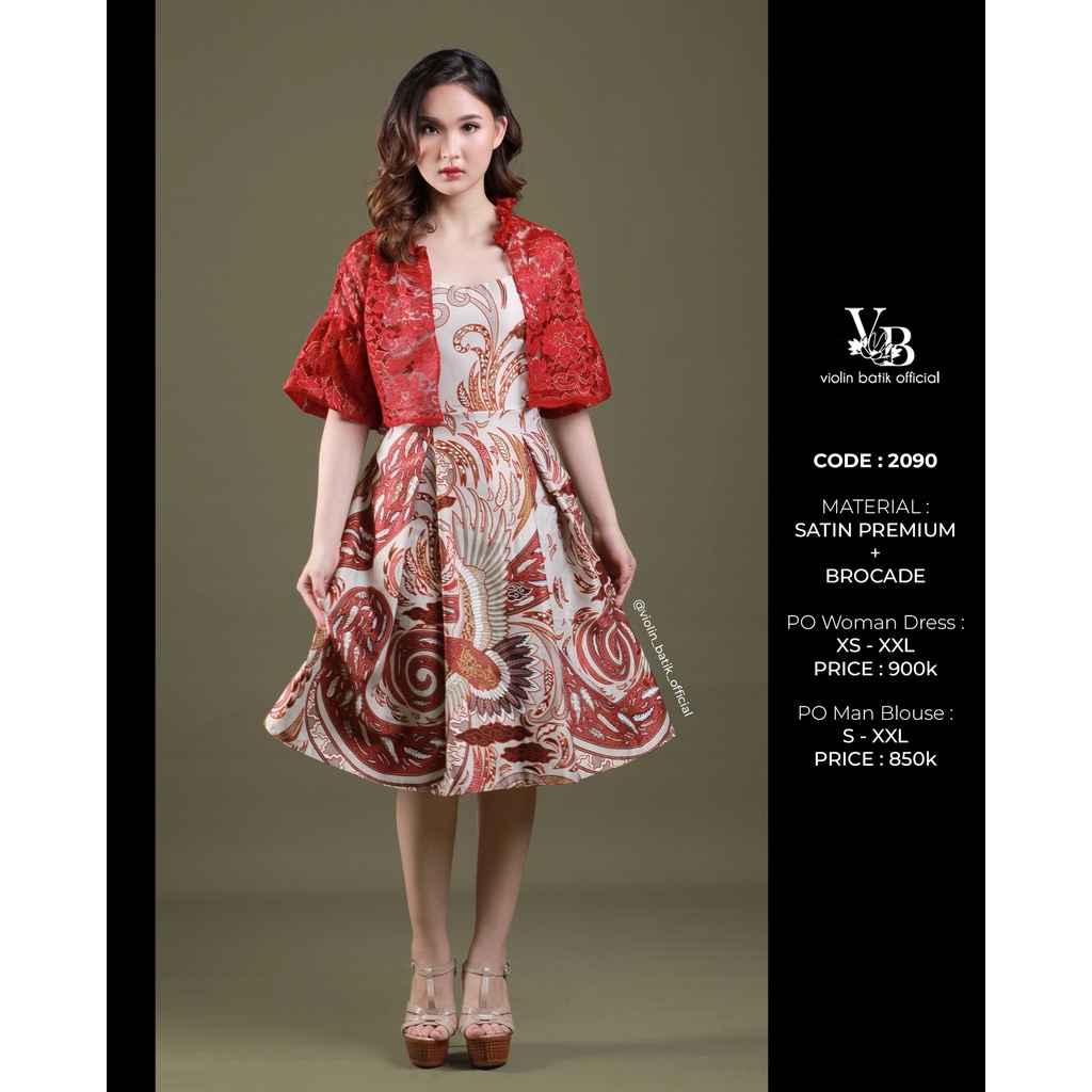 Dress Batik Satin Outer Brokat Merah 2090