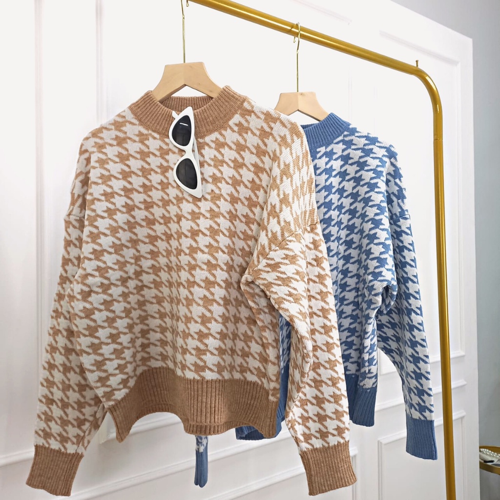 Blouse Sweater Houndstooth Soft Knit Import - Sweater Rajut Wanita Houndstooth TM (CX1235)