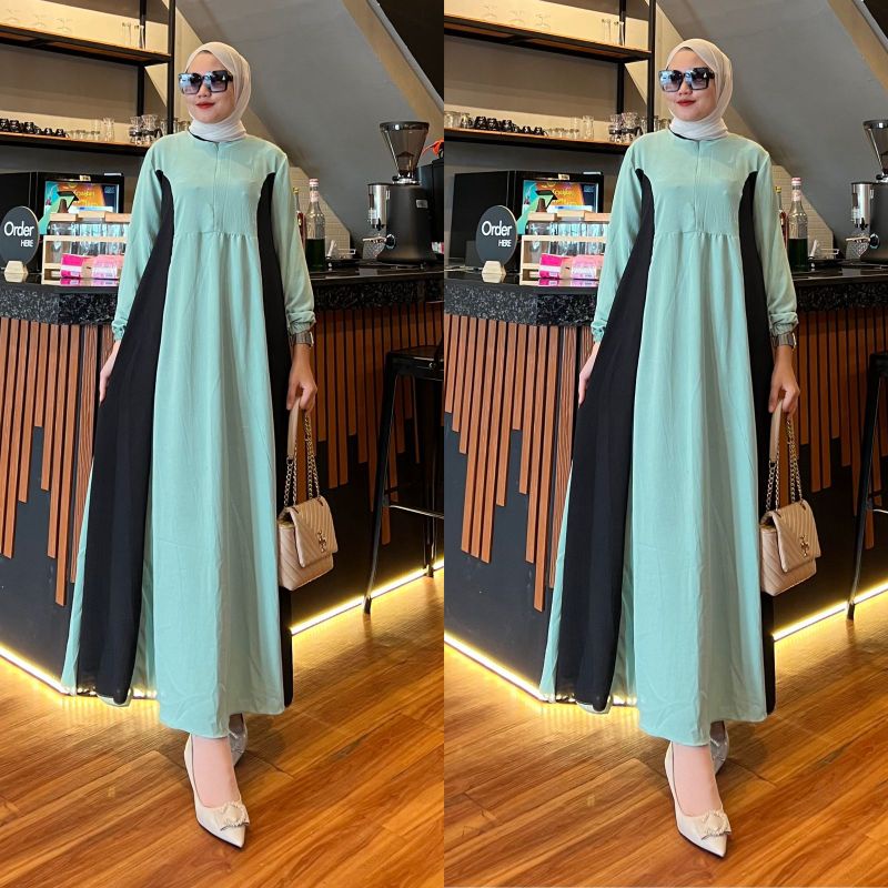 Gamis wanita terbaru cringkel kombinasi polos