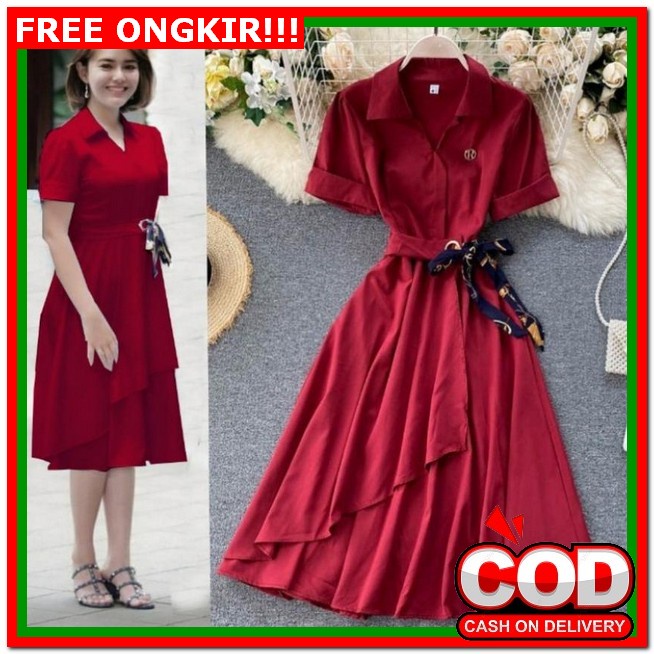 Dress Natal Wanita Terbaru Kondangan Wedding Dres Modern Korea Midi Casual Kekinian Korean Style 202