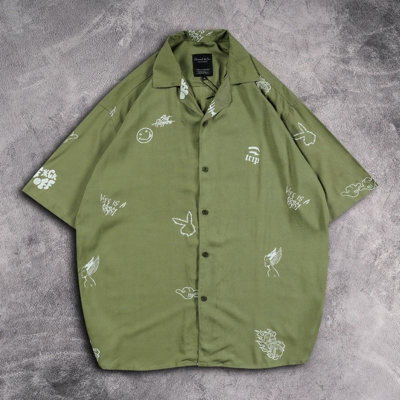 Baju Kemeja Hem Distro Skate Printing Surfing Motif Pantai Bunga Lengan Pendek Pria Laki Laki Cowok