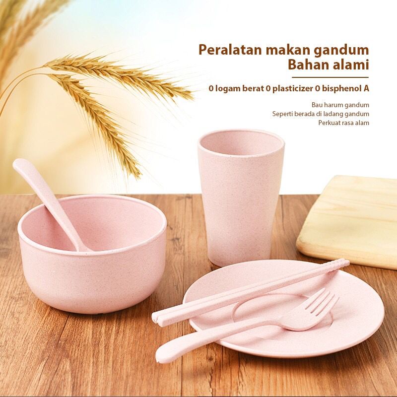 Serbagrosirmurah Alat Makan Set Jerami 6 in 1 Wheat Straw Cutlery Piring Gelas Mangkok