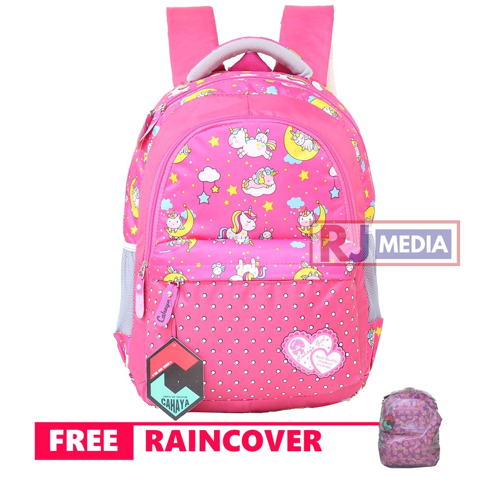 Tas Anak Perempuan Unicorn Style Backpack Anak TK SD Sekolah Les Ngaji TPA TPQ Bonus Jas Hujan Warna Pink Biru Bahan Tebal Kuat Awet Kualitas Impor Ransel Anak Cewek Piknik Muat LKS Buku Paket Buku Tema Laptop 14 inch