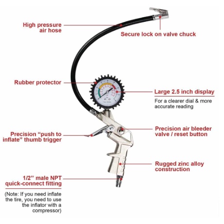 Tire Inflator Air Pressure Gun Isi Ukur Tekanan Angin 3 in 1 Tire Gauge Kit Alat Pengisi Ukur Tekanan Buang Angin Ban