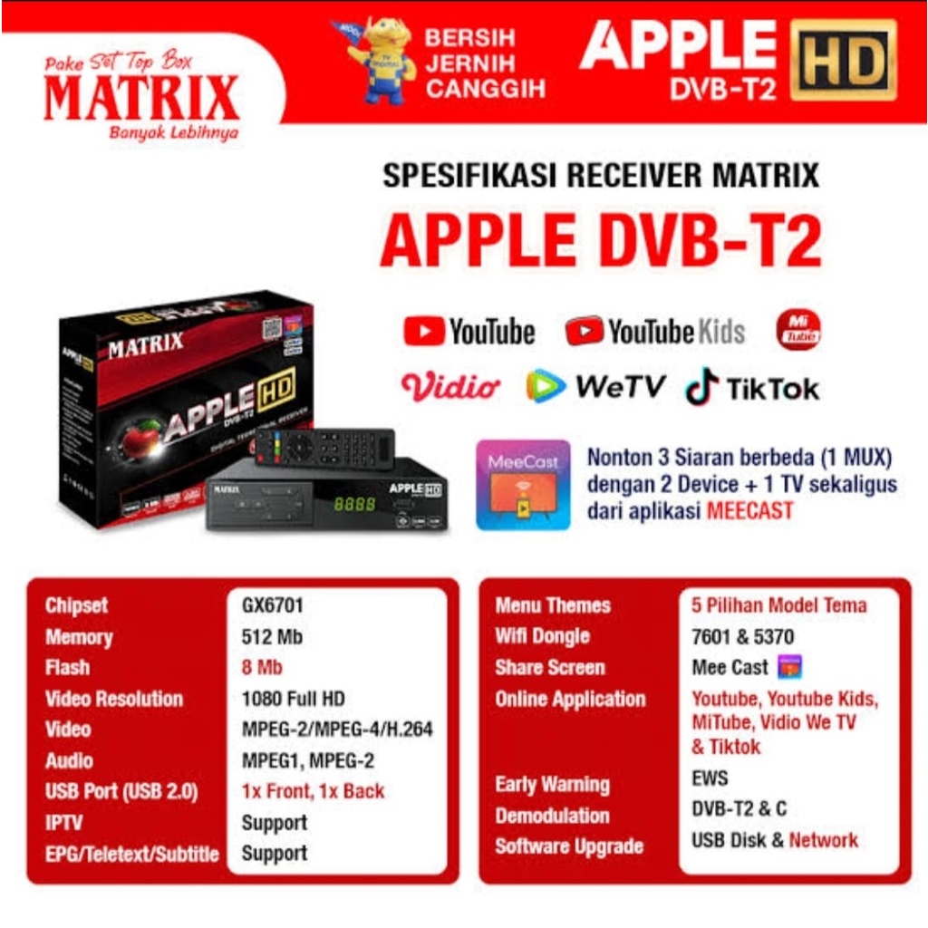 Set Top Box Matrix Apple DVB T-2 STB Antena TV Digital Receiver TV