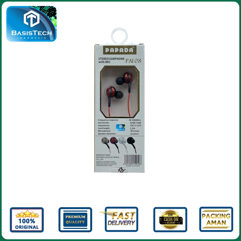 EARPHONE HEADSET STEREO EARPHONE WITH MIC - PAPADA PA108