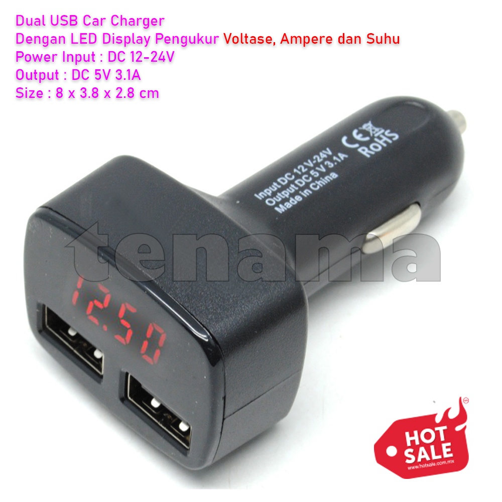 Charger Mobil dengan 2 Port USB dan Display Voltase, Ampere dan Suhu