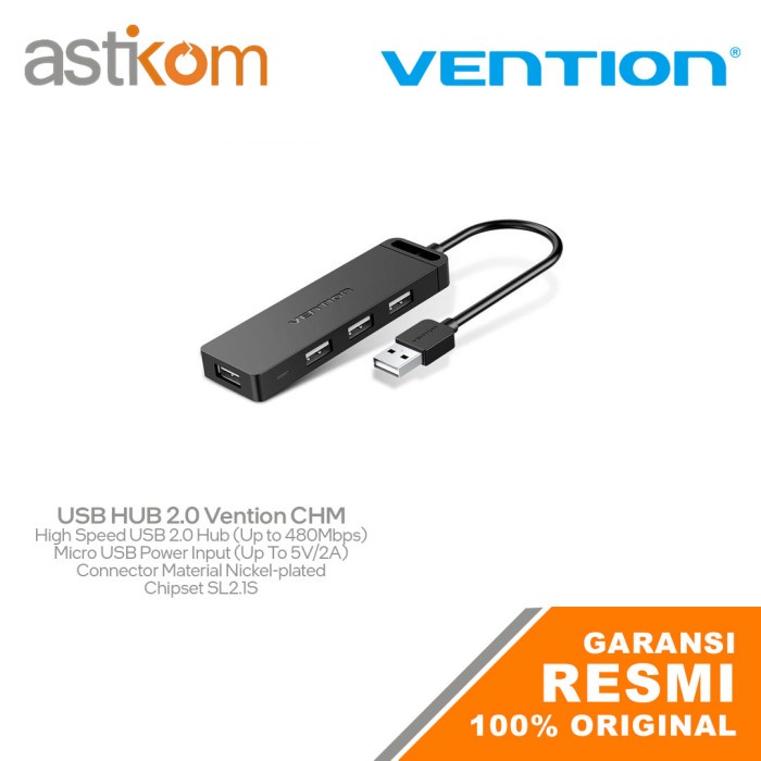 USB HUB Vention 4-Port USB 2.0 With Power Input Black CHM