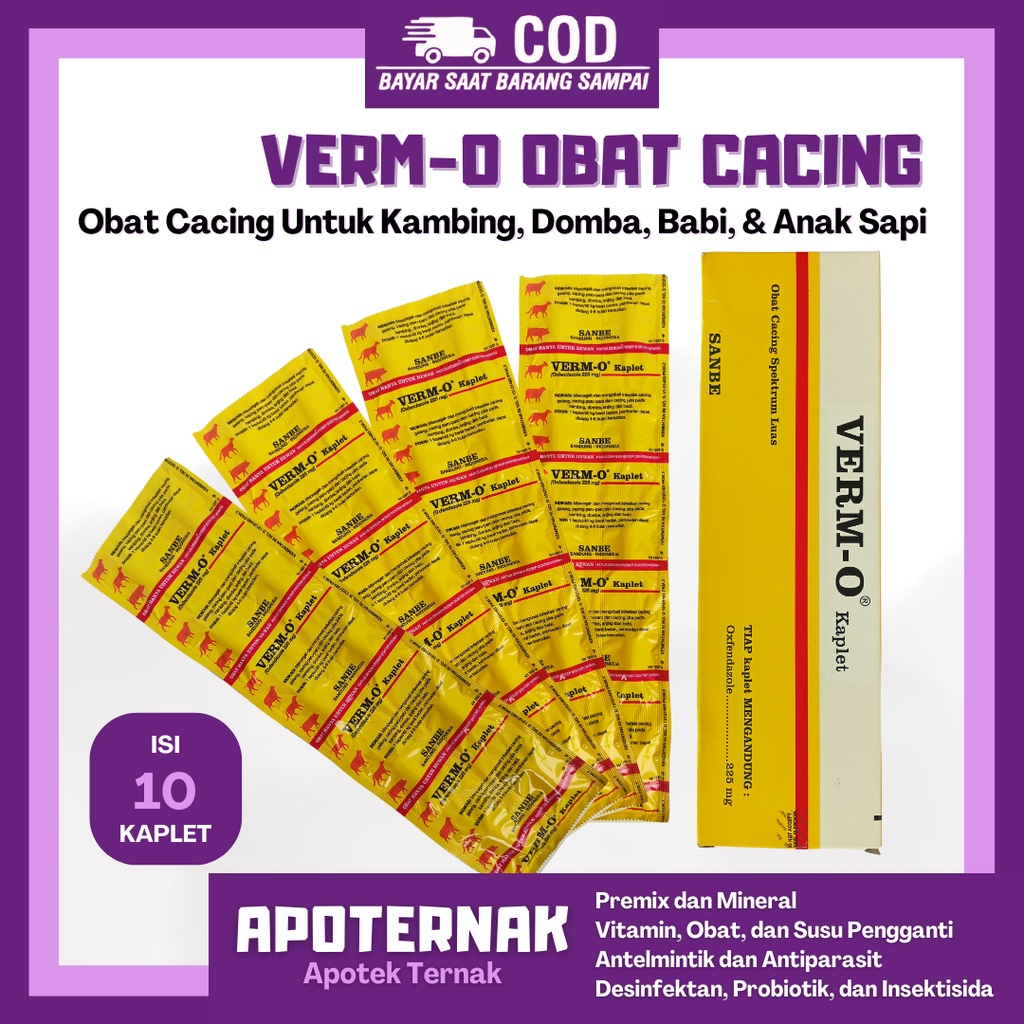 VERM O Kaplet 1 Strip 10 Kaplet | Obat Cacing Gelang Pari-Paru dan Pita Pada Kambing Domba Babi dan Anak Sapi | SANBE|