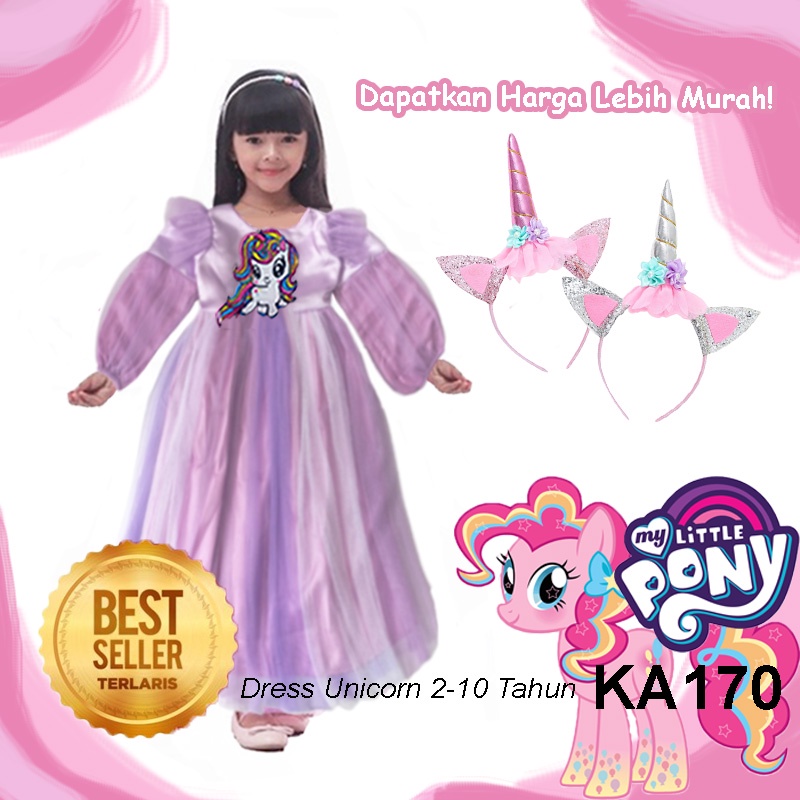 Dress Unicorn Anak Perempuan 4 5 Tahun Gaun Tangan Panjang Anak Baju My Little Pony Terlaris Import Warna Pink Lilac Ungu Muda KA170