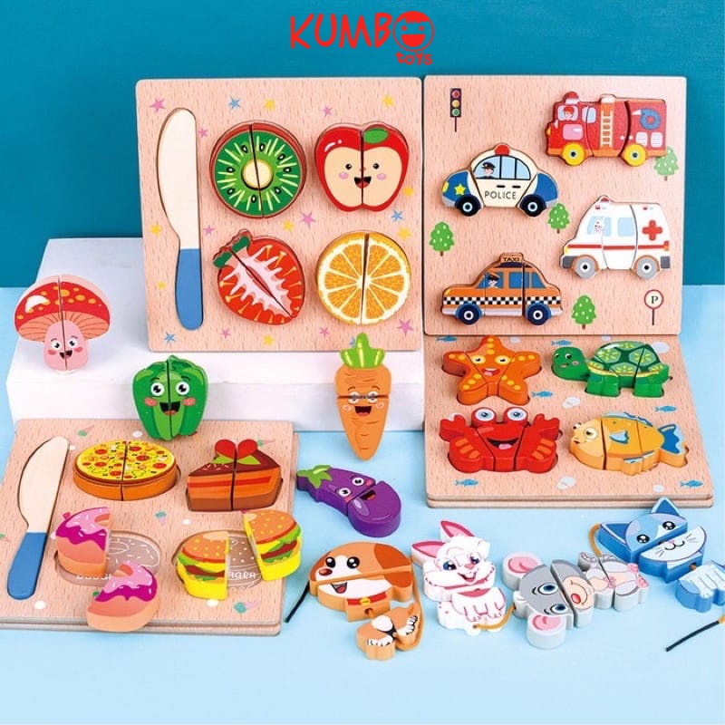 Mainan Edukasi Anak Puzzle Pretend Play Wooden Mainan Potong Makanan Buah Sayur Kayu