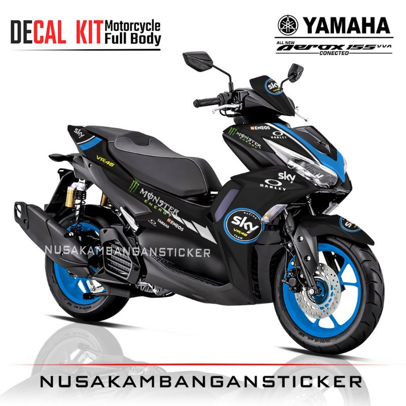 Decal  Stiker Sepeda Motor Yamaha Aerox 155 Conected All New Full Body Monster Sky Hitam Biru Grafis