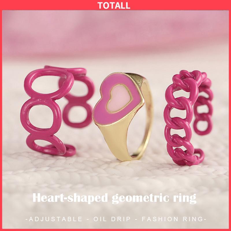 COD 3PCS Heart Geometry Rings Cincin Geometri Jantung Cincin Mode Menetes Minyak yang Dapat Disesuaikan untuk Aksesoris Perhiasan Wanita-Totall