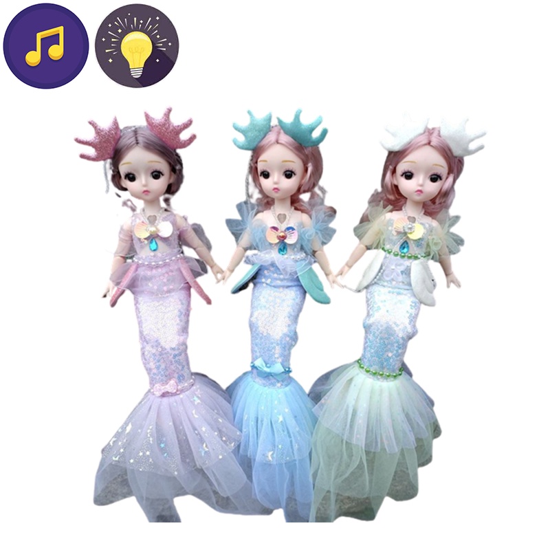 Mainan Boneka Barbie Bercahaya Musik Mermaid Putri Bergerak Sendi Ikan Hadiah Ekor