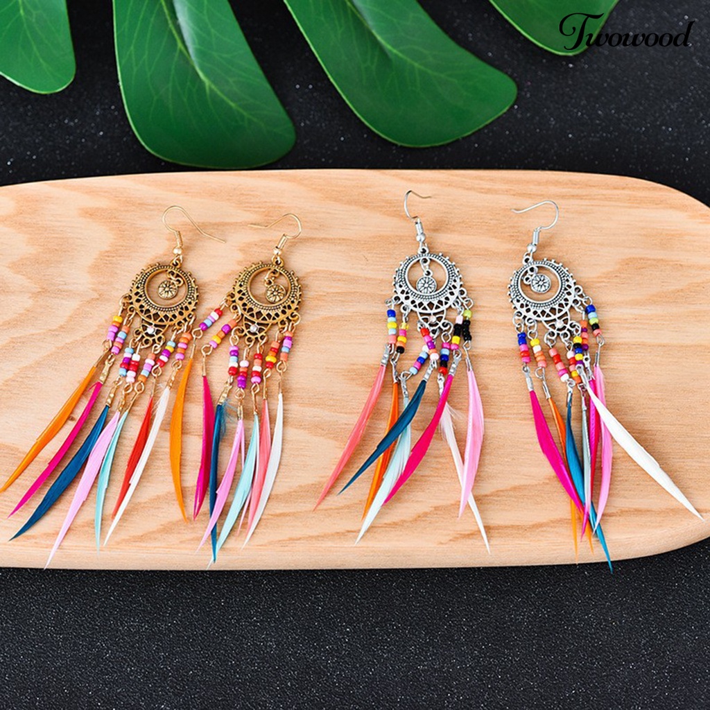 1 Pasang Anting Menjuntai Bentuk Bulu Aksen Manik-Manik Warna-Warni Gaya Bohemian Untuk Wanita