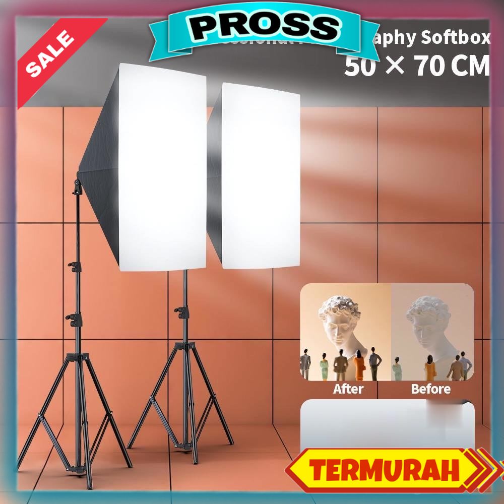 Softbox Photography Lighting Kit 45W 5500K untuk Live Streaming Studio Lighting/Potret Fotografi/YouTube Video dengan E27 Socket 50x70cm SoftBox