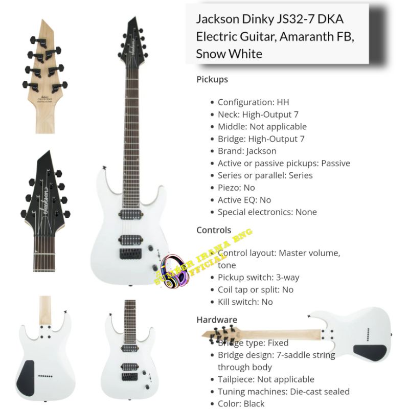 Jackson Dinky JS32-7 DKA Electric Guitar Amaranth FB Snow White 7 String