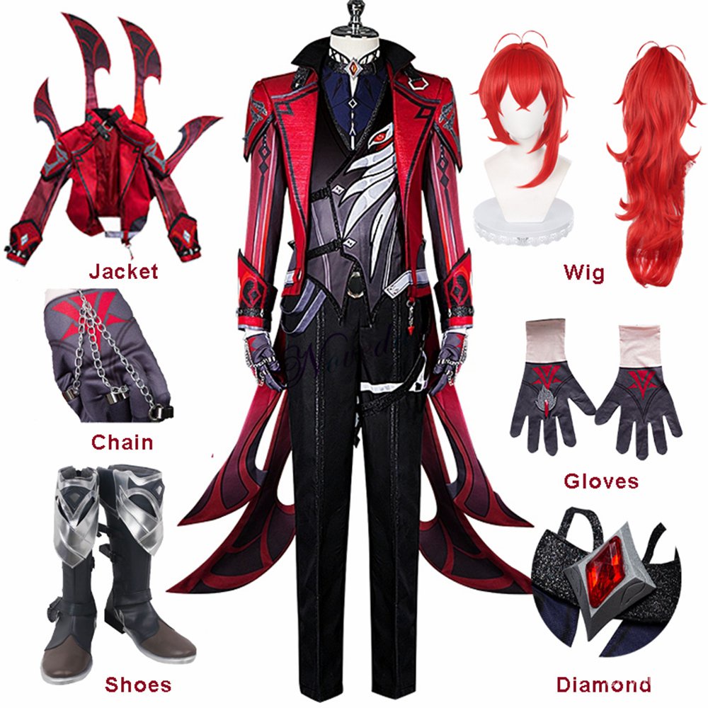 Game Genshin Impact Diluc Red Dead Of Night Cosplay Costume Wig Shoes Anime Genshin Diluc Cosplay Cl