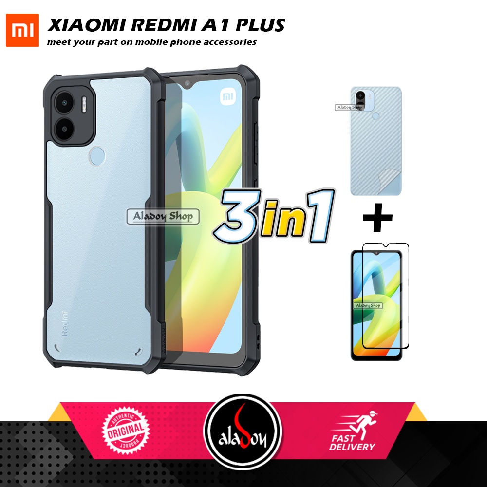 Case Xiaomi Redmi A1 Plus Armor Fushion Transparent Casing + Tempered Glass Full Layar dan Skin Carbon