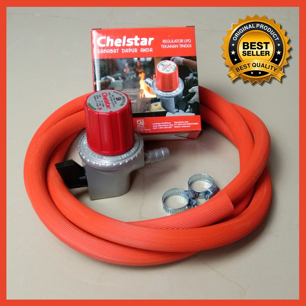 PAKET REGULATOR TEKANAN TINGGI CHELSTAR, REGULATOR KOMPOR SEMAWAR DAN SELANG KOMPOR GAS 2 METER SNI, DAN 2 KLEM SELANG / REGULATOR HIGH PRESSURE