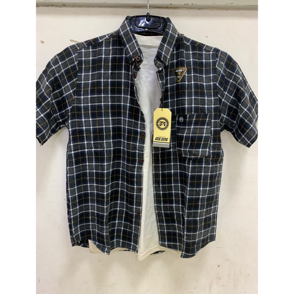 Kemeja kotak pria flanel atasan lengan pendek polos motif