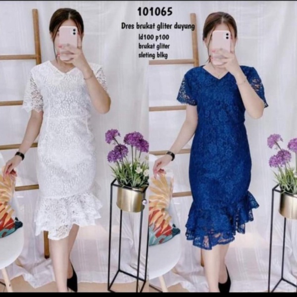 Promo dress duyung brokat mermaid shopia full furing~dress pesta~dress - Putih L Limited