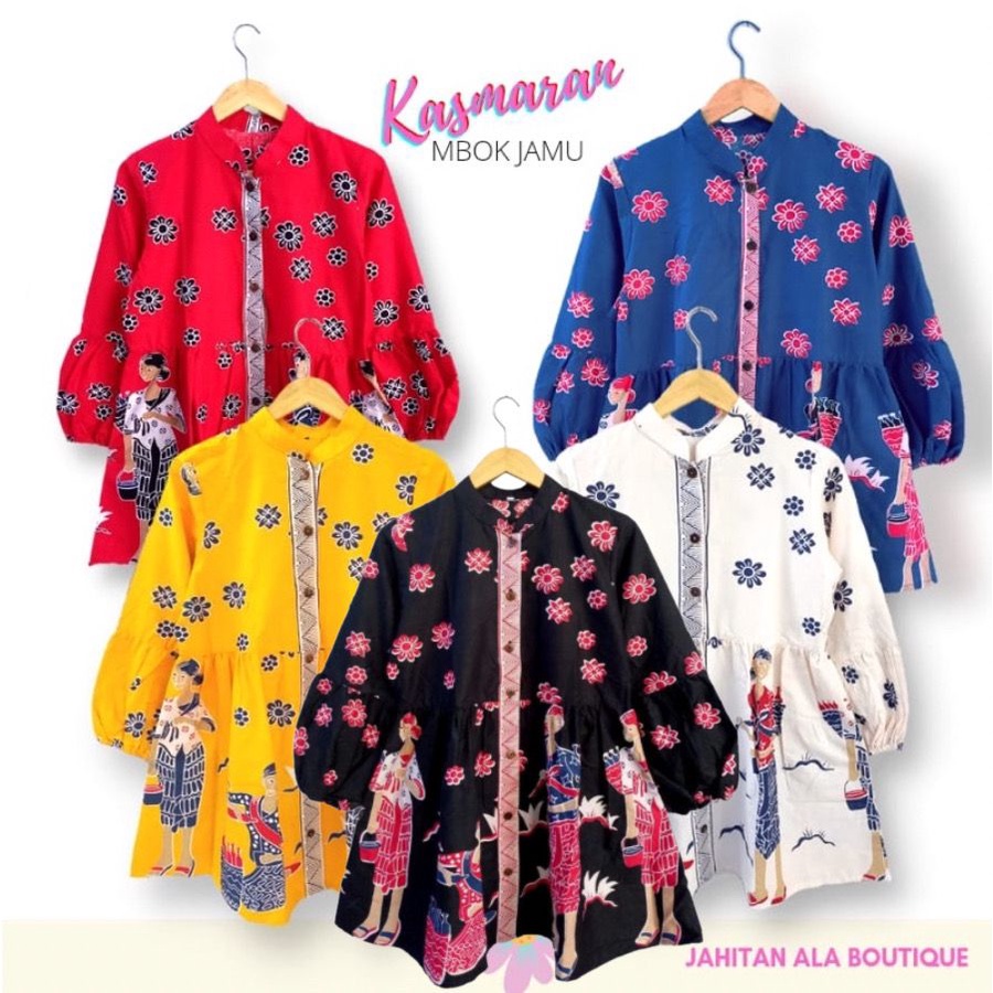 PREMIUM Blus Kasmaran Mbok Jamu Batik Rempel Lengan Balon Kekinian Atasan Kerja Kamala Mbak Karakter Lucu Tribal Kondangan Casual Busui Full Kancing Karet