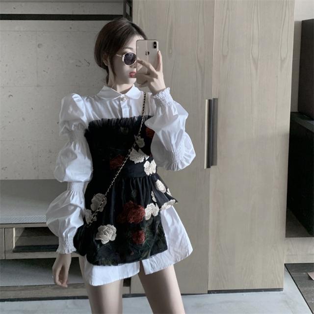 Red French niche puff sleeve dress women s autumn two-piece suit temperamen slim waist white shirt A-line skirt