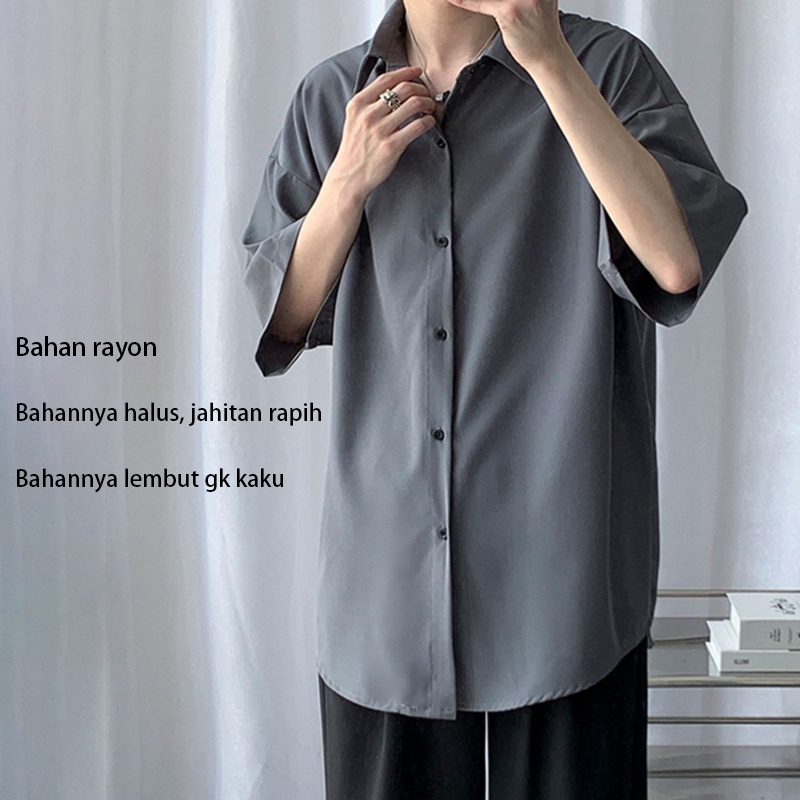 Kemeja Rayon Kasual kemeja oversize pria kemeja polos pria Kemeja KOREA STYLE Pria oversize kemeja abuabu pendek pria