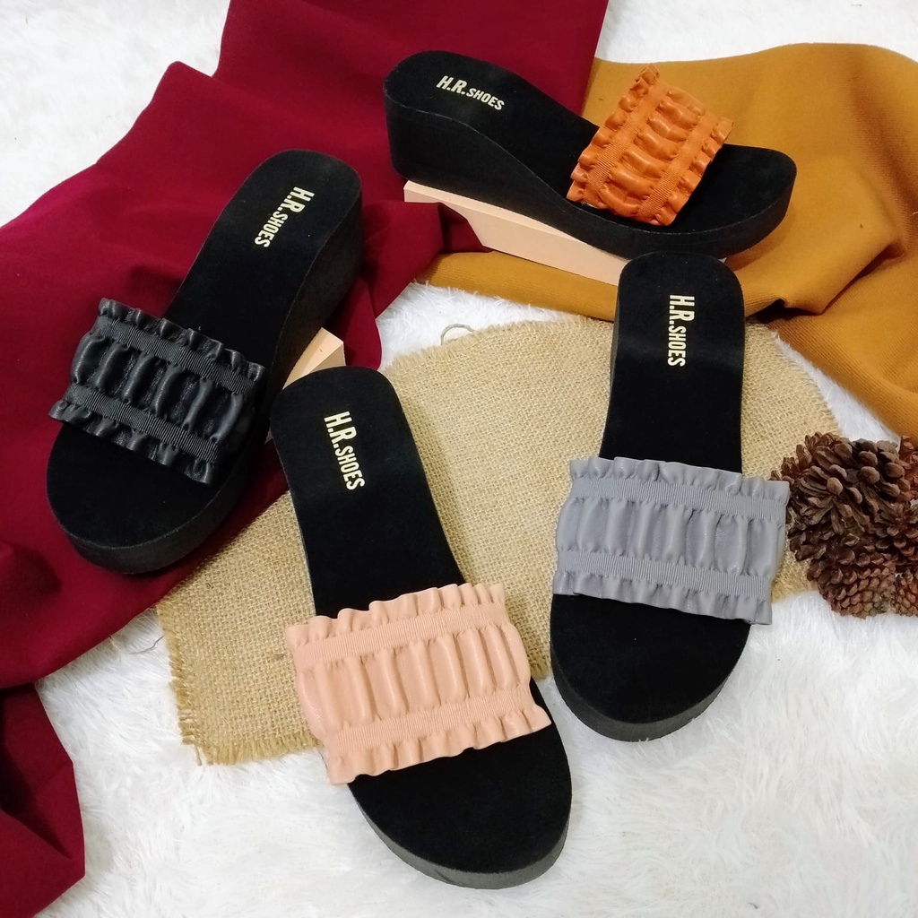 Sendal Selop Sepon Wedges Wanita Kokop Kerut Sandal Wanita Simpel - REGY