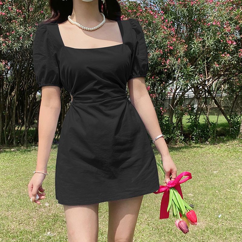 Red Rapcopter French pastoral style pure desire dress female puff sleeves white and thin hollow out waist A-line skirt