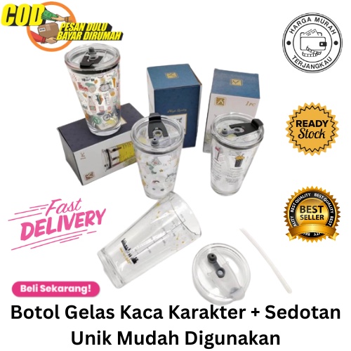 [BISA COD] PROMO Botol Gelas Kaca Karakter Dilengkapi Sedotan Unik Mudah Digunakan Tumbler Botol Minum Wadah Minum Kekinian Alat Minum Mug Cangkir Jar Murah Meriah