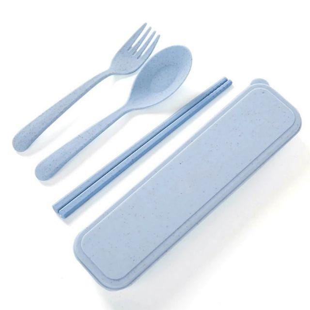 Set Alat Makan Sendok Garpu Sumpit Plastik dengan Kotak Box Wadah Souvenir Bahan Jerami Gandum Cutlery Set