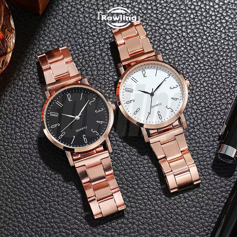 Rowling (Jam- 75) Jam Tangan Quartz Luminous Strap Stainless Steel Warna Rosegold Casual Fashion Untuk Pria Import