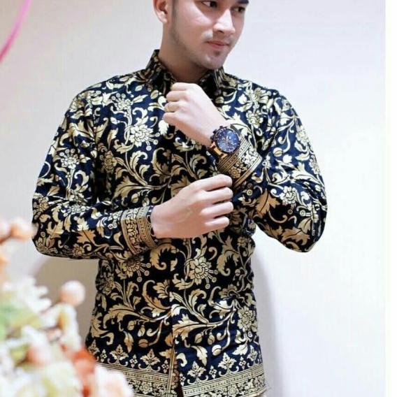 Kemeja Batik Pria Lengan Panjang Murah Baju Batik Cowok - Hitam Emas, M