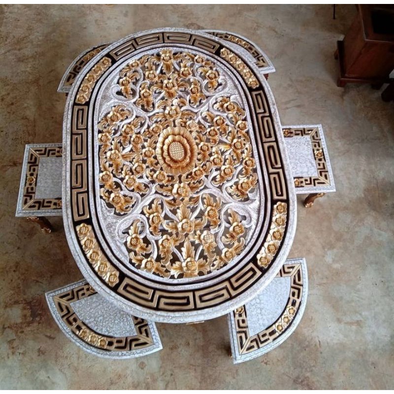 meja osin oval 6kursi/meja lesehan ukir jati Jepara