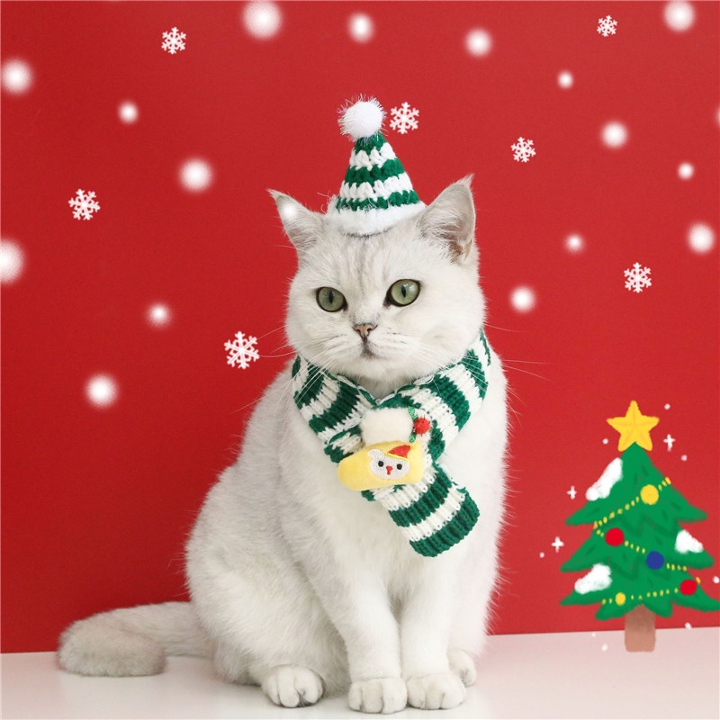 Syal Rajut Bahan Wol Motif Garis Tema Natal Untuk Anjing / Kucing Peliharaan