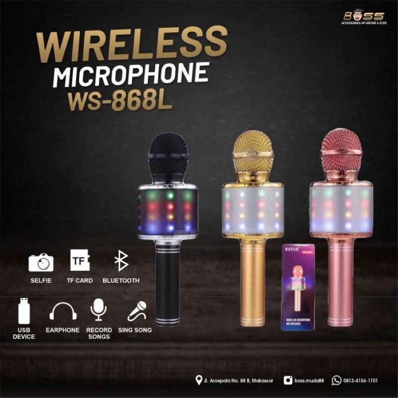 Jual Mic Bluetooth Portable WS868L+LED Microphone Wireless Karaoke