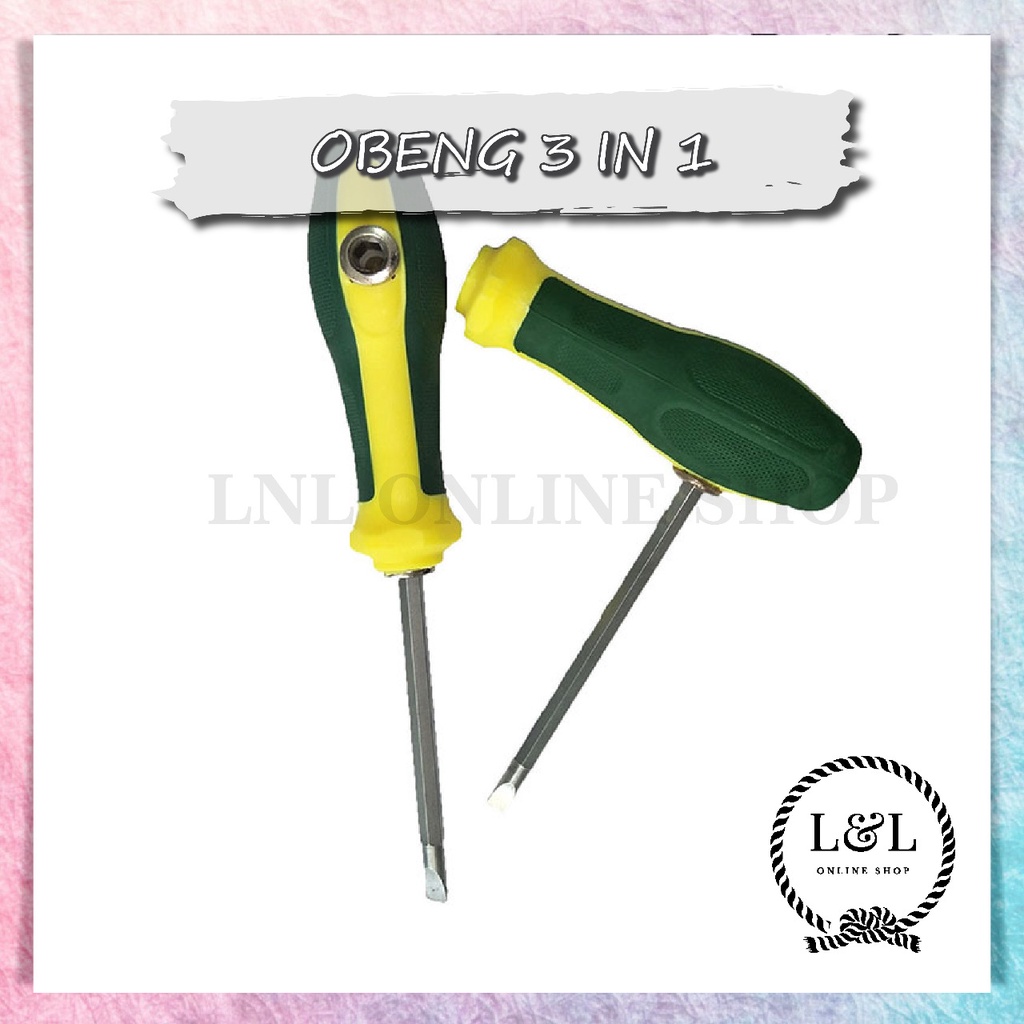 Obeng Bolak Balik Magnet 3 Way Obeng T  3 in 1 Gagang Karet  Obeng Panjang 4 inch