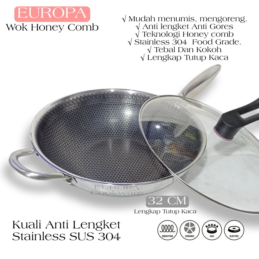 Panci Wok Honey Comb Non-Stick With Lid ukuran 32cm