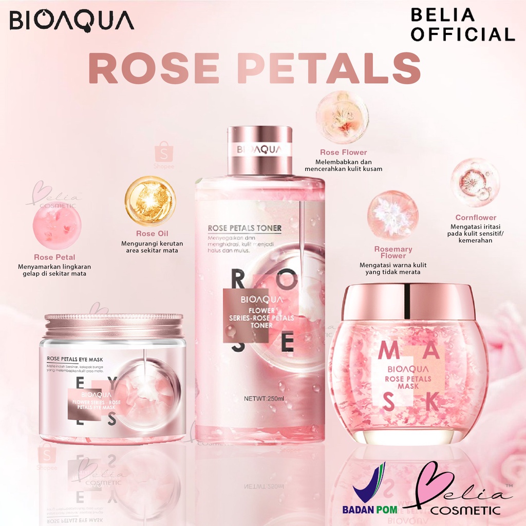 ❤ BELIA ❤ BIOAQUA Flower Series Rose Petals Toner 250ml | Rose Petal Mask 120g | Eye Mask 140g/80pcs | Masker Mata |Skincare mengandung essens kelopak mawar | BPOM