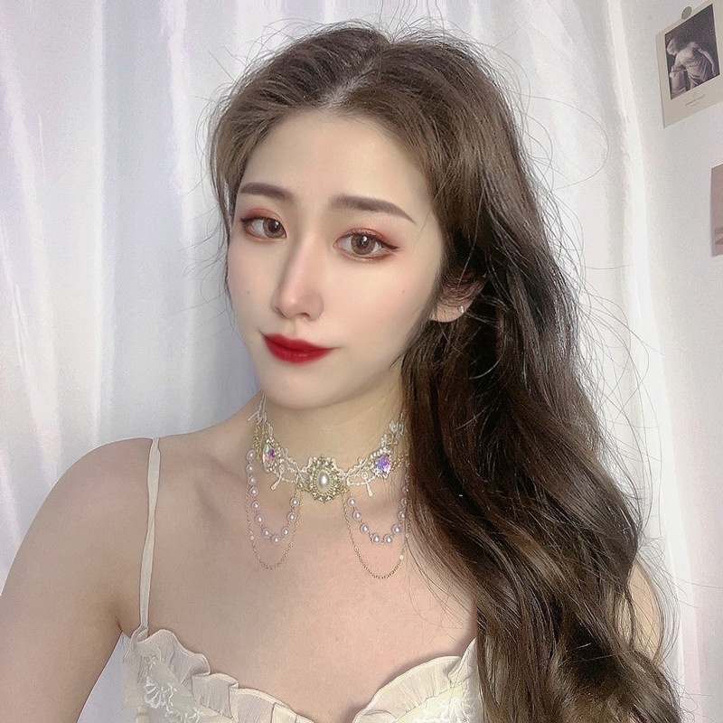 Kalung Choker Rantai Banyak Lapis Dengan Liontin Hati + Mutiara Gaya Korea Untuk Wanita