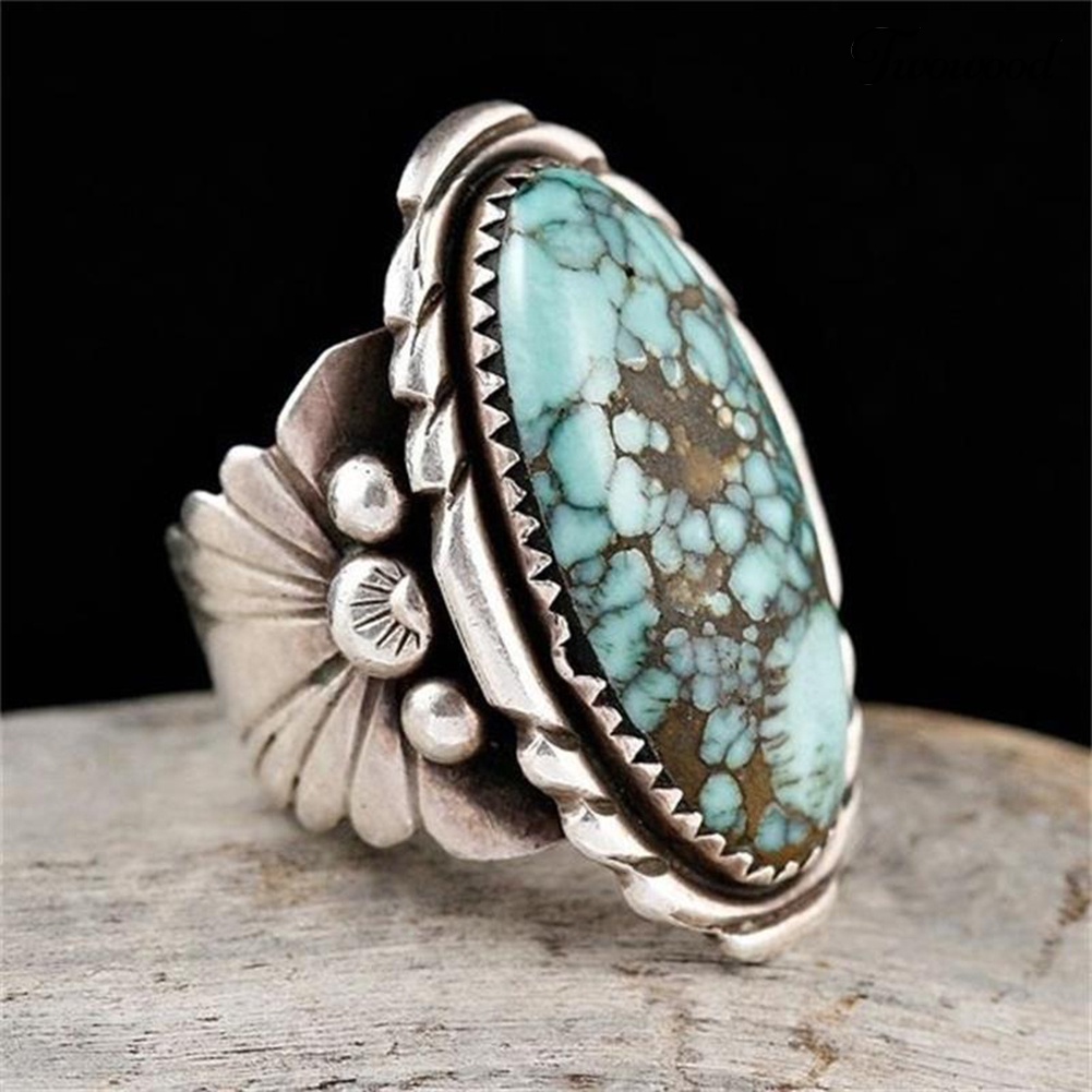 Cincin Antik Bentuk Oval Turquoise Ukir Untuk Pria Dan Wanita