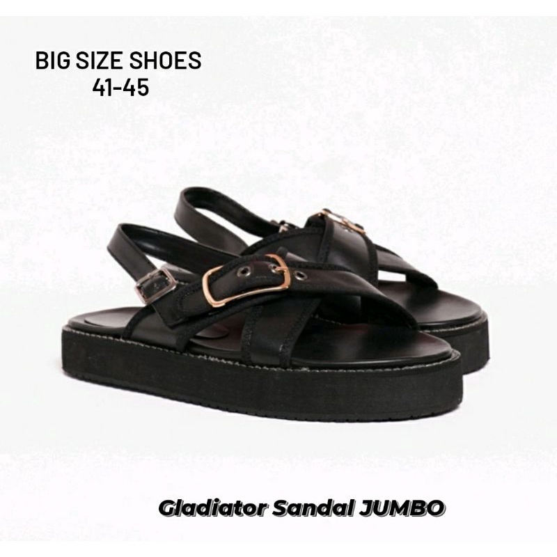 Original, Sandal Gladiator Wanita KULIT.401 Super Jumbo 41-42-43-44-45 Sendal Tali Kasual Modis Gaya Sandal Kaki Gemuk Lebar Cantik Hitam, 42