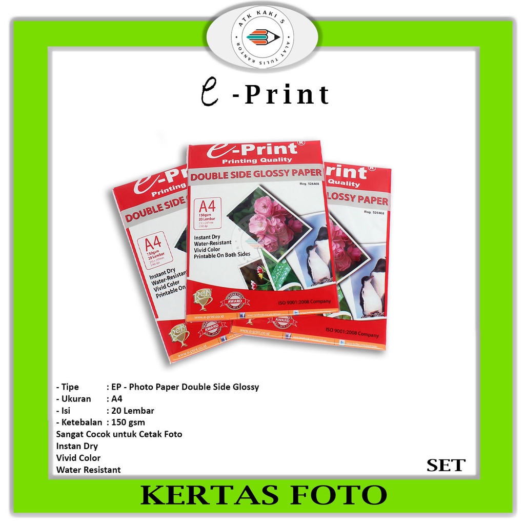 E-PRINT - Photo Paper Double Side Glossy A4 150 gsm Kertas Foto - Set